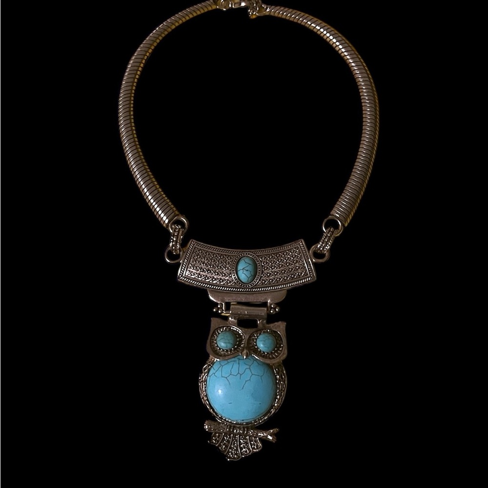 Owl Collar Necklace -Color: Silver/Turquoise-Toned Gemstone-Size: Medium